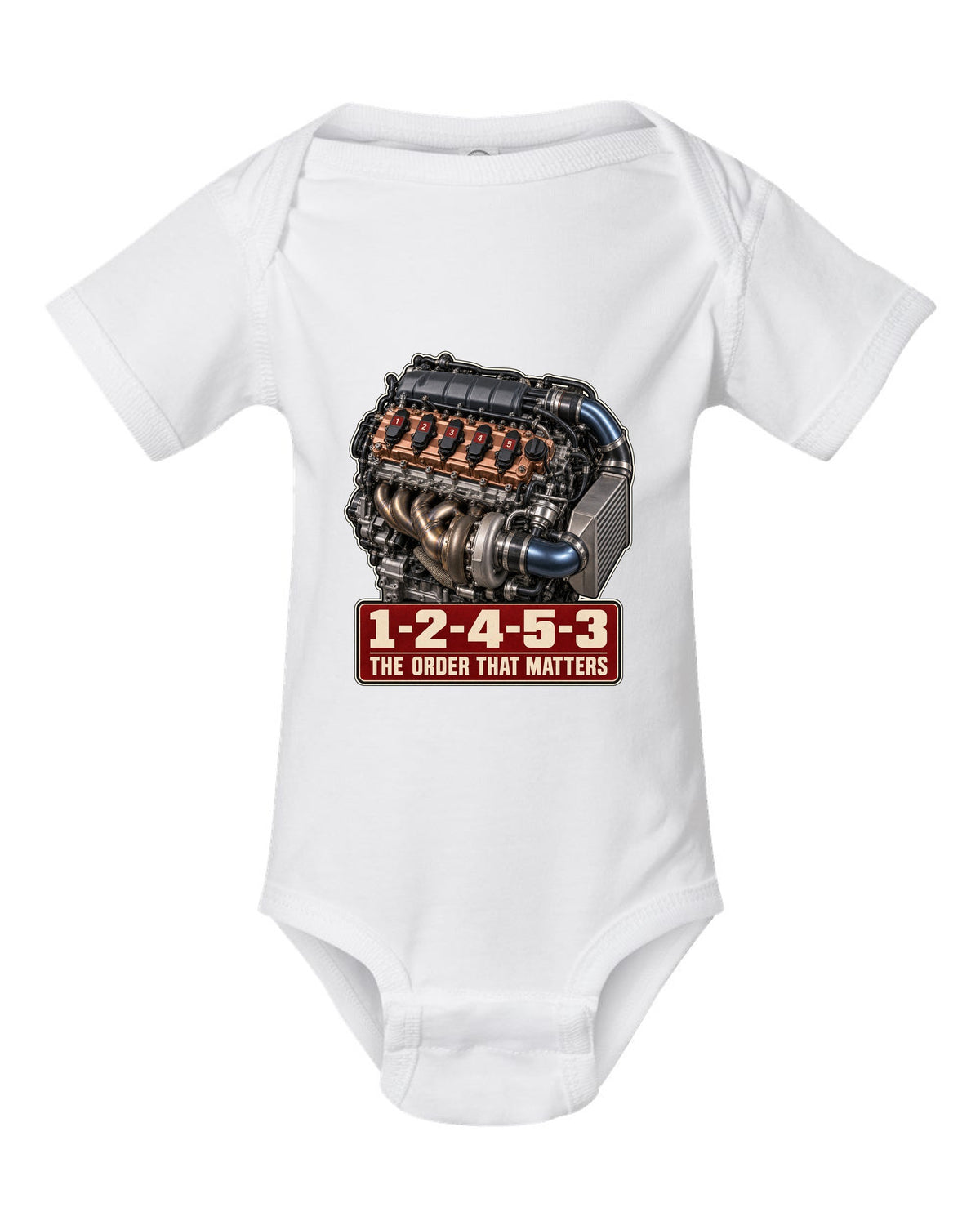 Audi TT RS 8S 2.5 TFSI five-cylinder engine poster with firing order white baby onesie front view with the design
