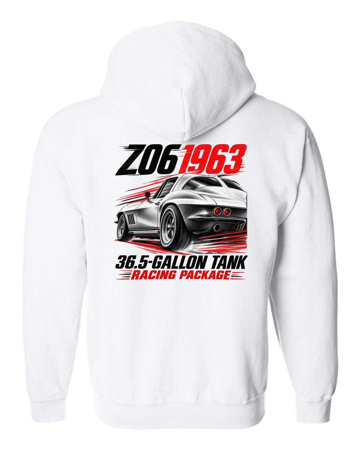 Corvette C2 Sting Ray 1963 Z06 racing package race poster white zip hoodie back view with the design