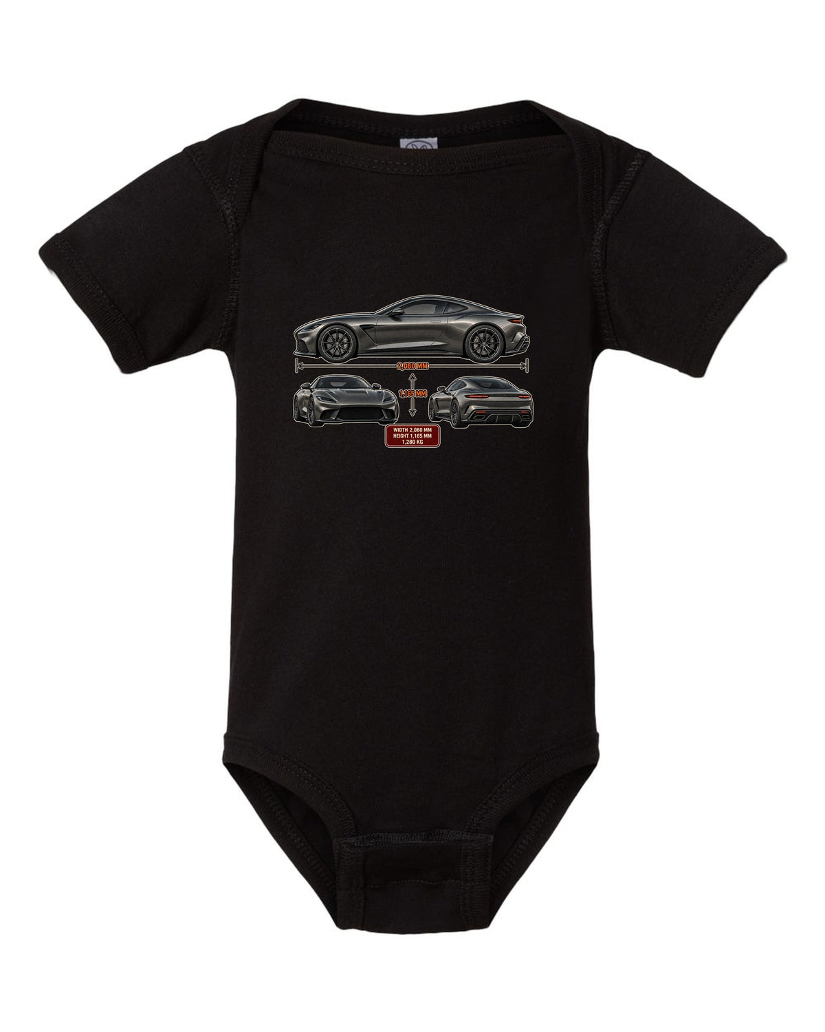 Three-view spec sheet print of the Pagani Utopia coupe with width 2,060 mm, height 1,165 mm, 1,280 kg black baby onesie front view with the design