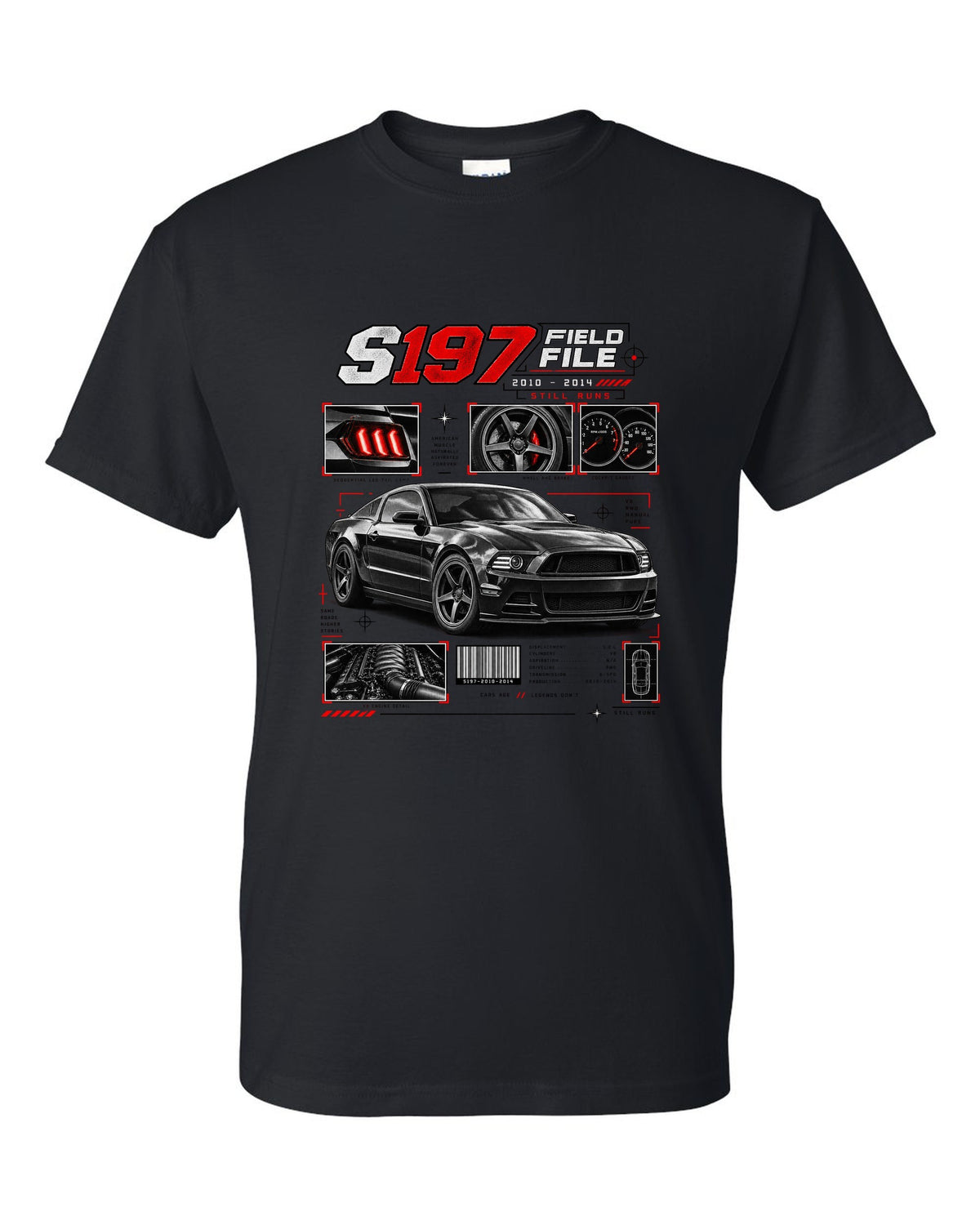 Four-panel dossier print of a Ford Mustang S197 GT fastback black t-shirt front view with the design