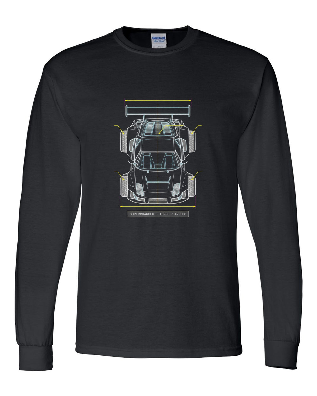 Overhead blueprint line drawing of a Lancia Delta S4 with supercharger and turbo caption black long sleeve front view with the design