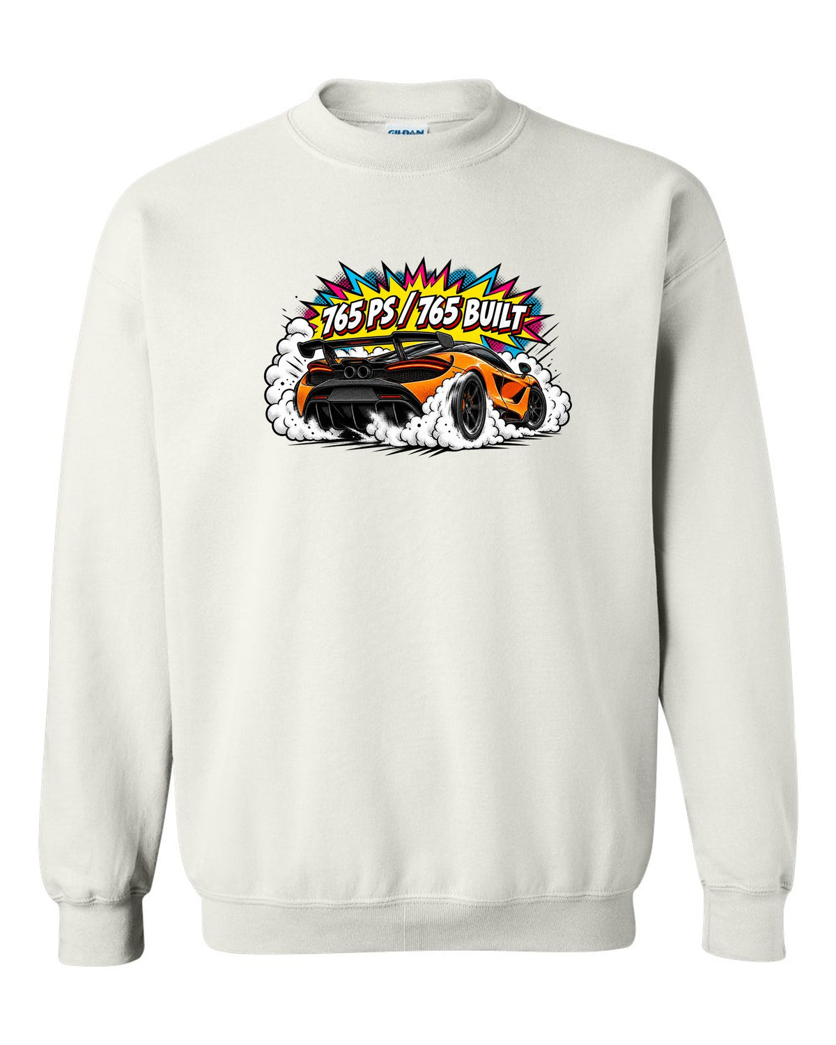 Comic halftone pop-art print of a McLaren 765LT burnout with 765 PS and 765 Built lettering white crewneck front view with the design