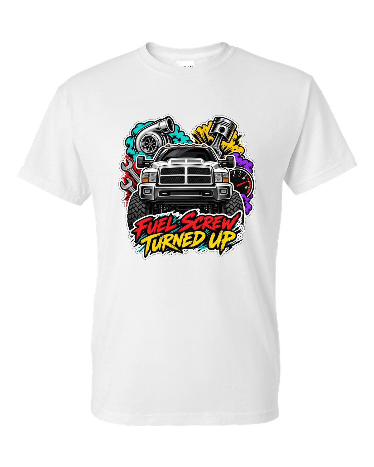 Sticker-bomb collage print of a 1994-1998 Dodge Ram 2500 12V Cummins with fuel screw text white t-shirt front view with the design
