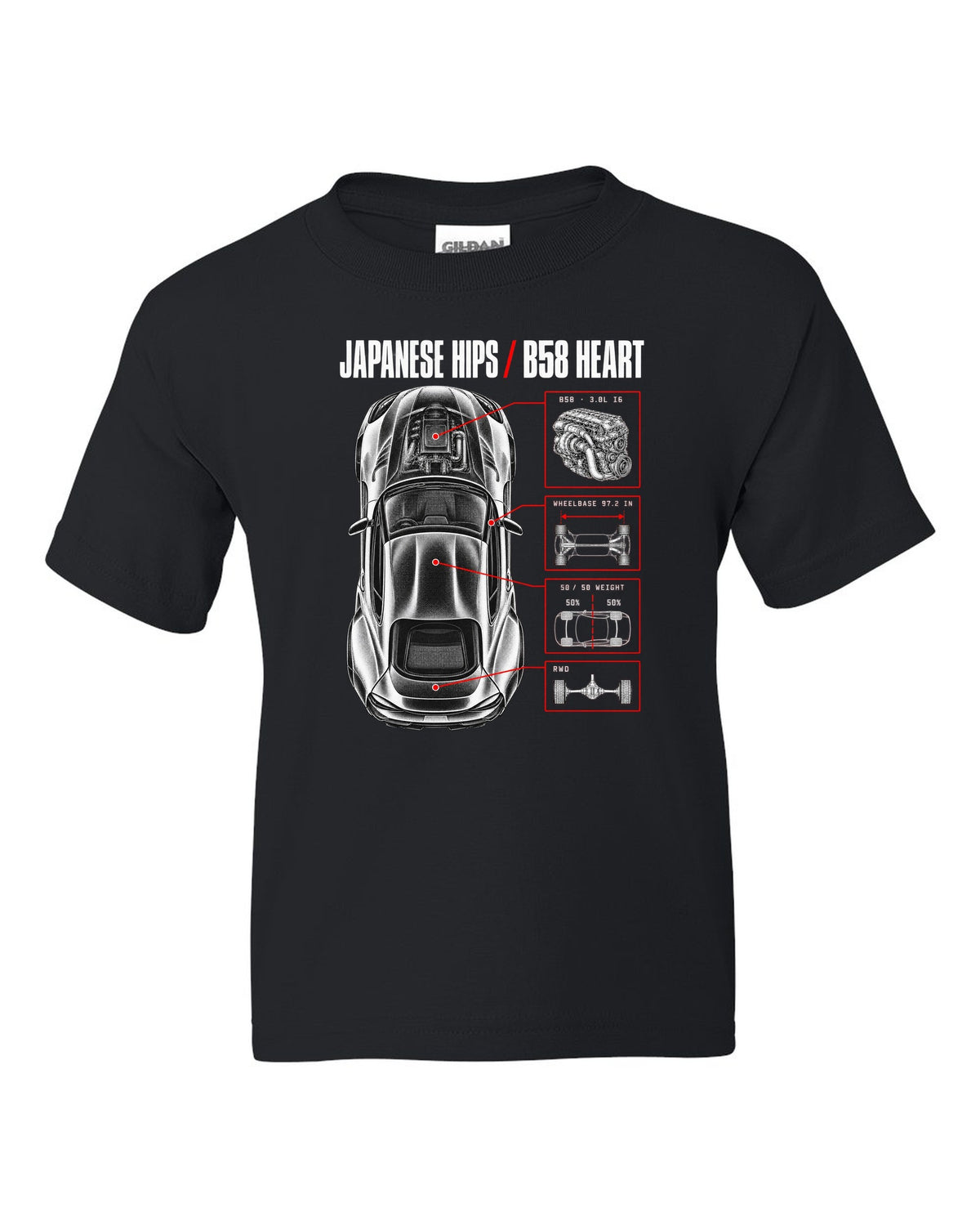 Spec poster print of a Toyota GR Supra A90 with the text Japanese Hips B58 Heart black kids tee front view with the design