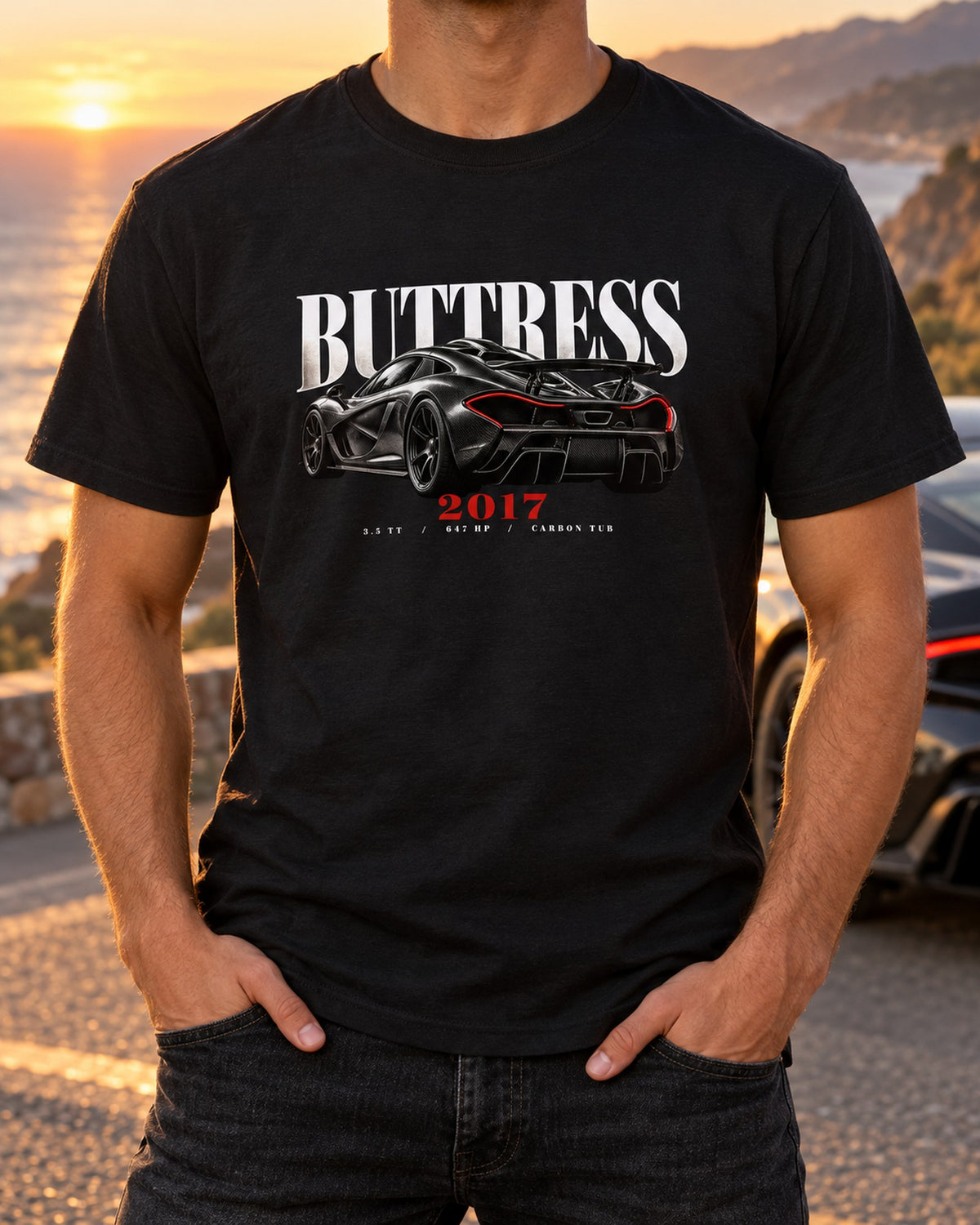 2017-22 Ford GT Buttress Editorial Graphic Tee, Carbon Tub T-Shirt Black worn hero