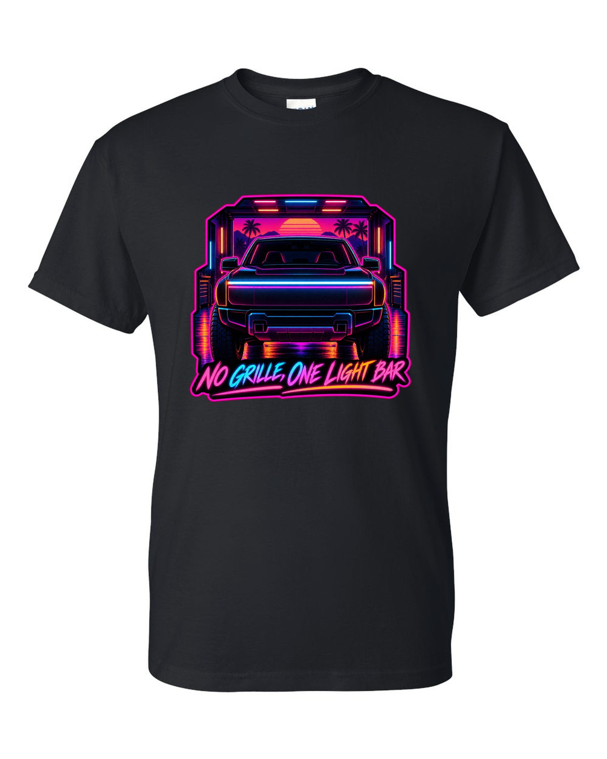 Ford F-150 Lightning neon synthwave glow print with no grille and one light bar text black t-shirt front view with the design