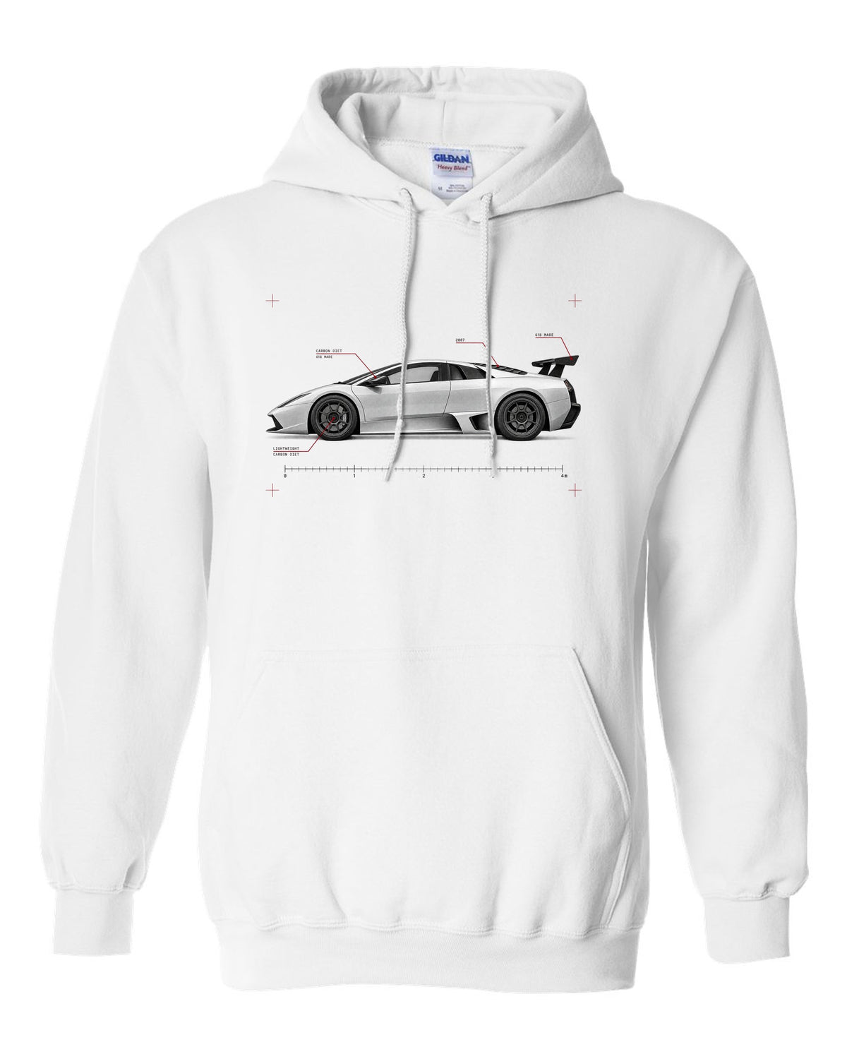 Spec poster print of a Lamborghini Gallardo Superleggera with 618 made and Carbon Diet text white pull over hoodie front view with the design