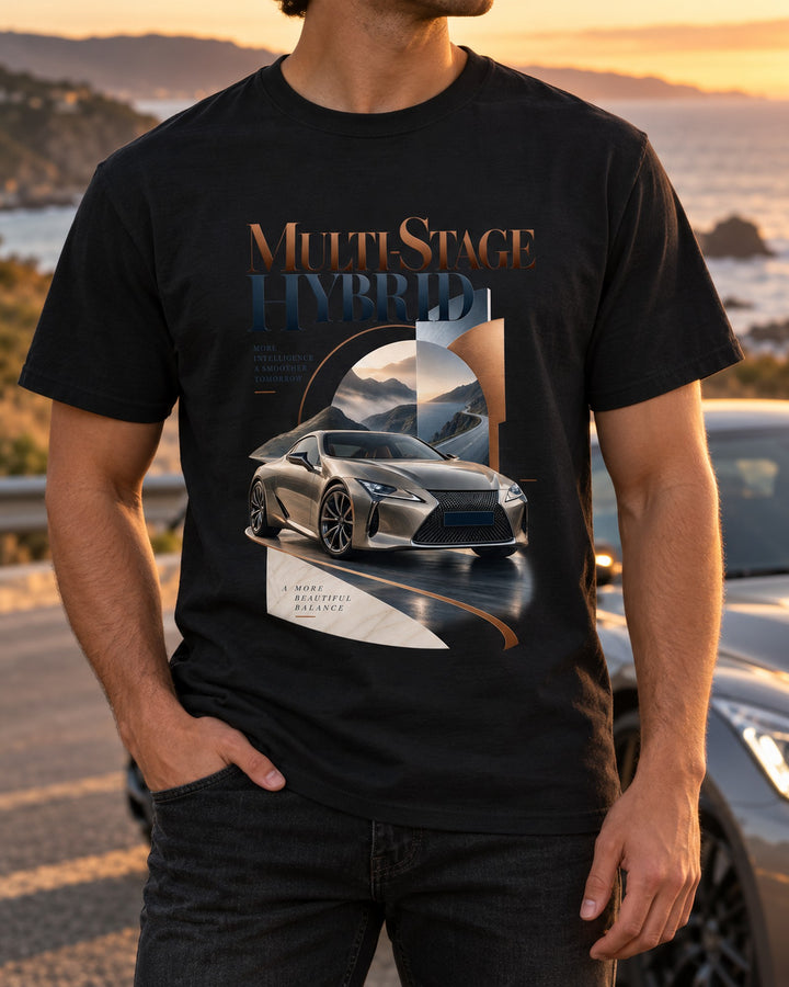 Lexus LC 500h Editorial Headline Shirt, Multi-Stage Hybrid T-Shirt Black worn hero