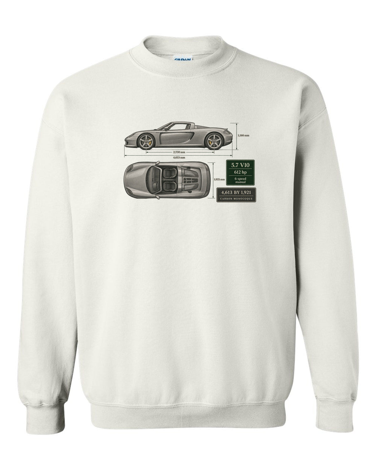 Porsche Carrera GT top view dimension blueprint print design white crewneck front view with the design