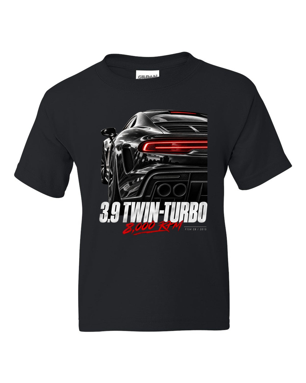 Macro print of a Ferrari 488 GTB rear with 3.9 twin-turbo and 8,000 rpm text black kids tee front view with the design
