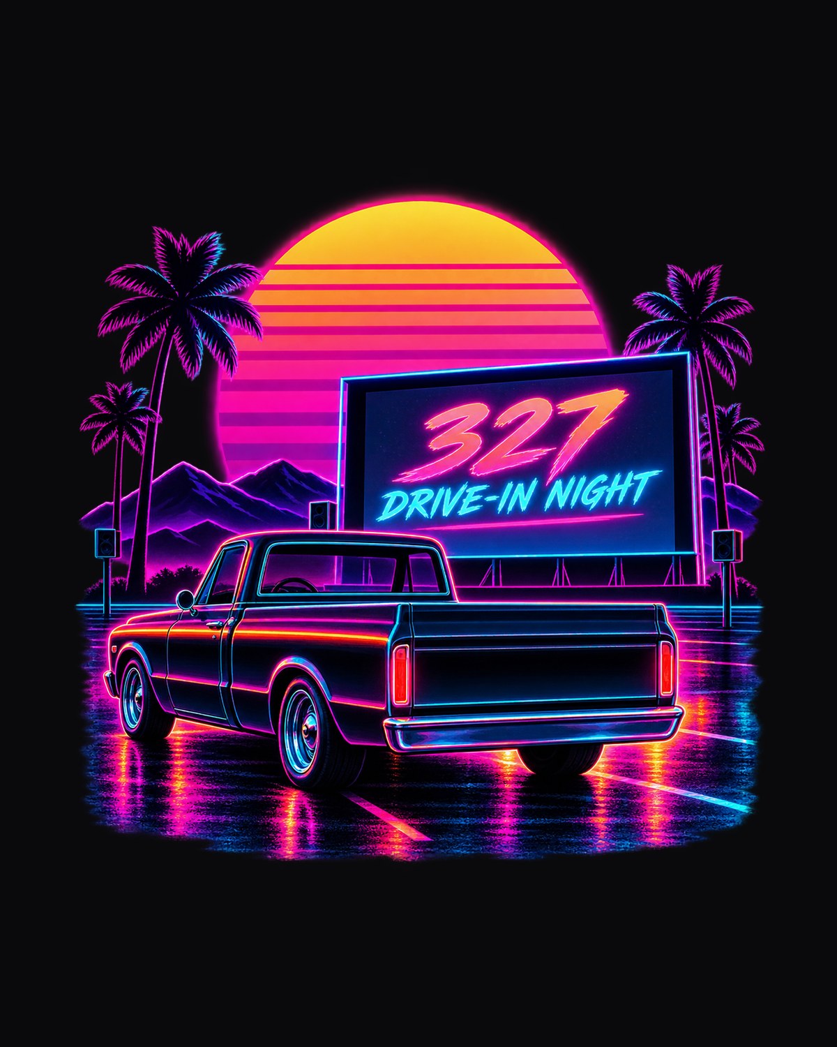 Chevrolet C10 Action Line Drive-In Synthwave Shirt, 327 Truck Tee design only