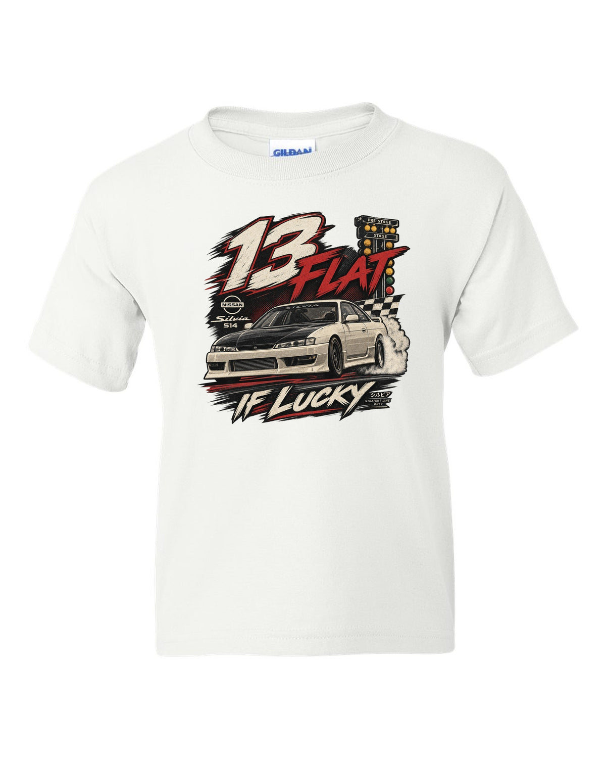 Vintage race poster print of a Nissan Silvia S14 with 13 flat if lucky text white kids tee front view with the design