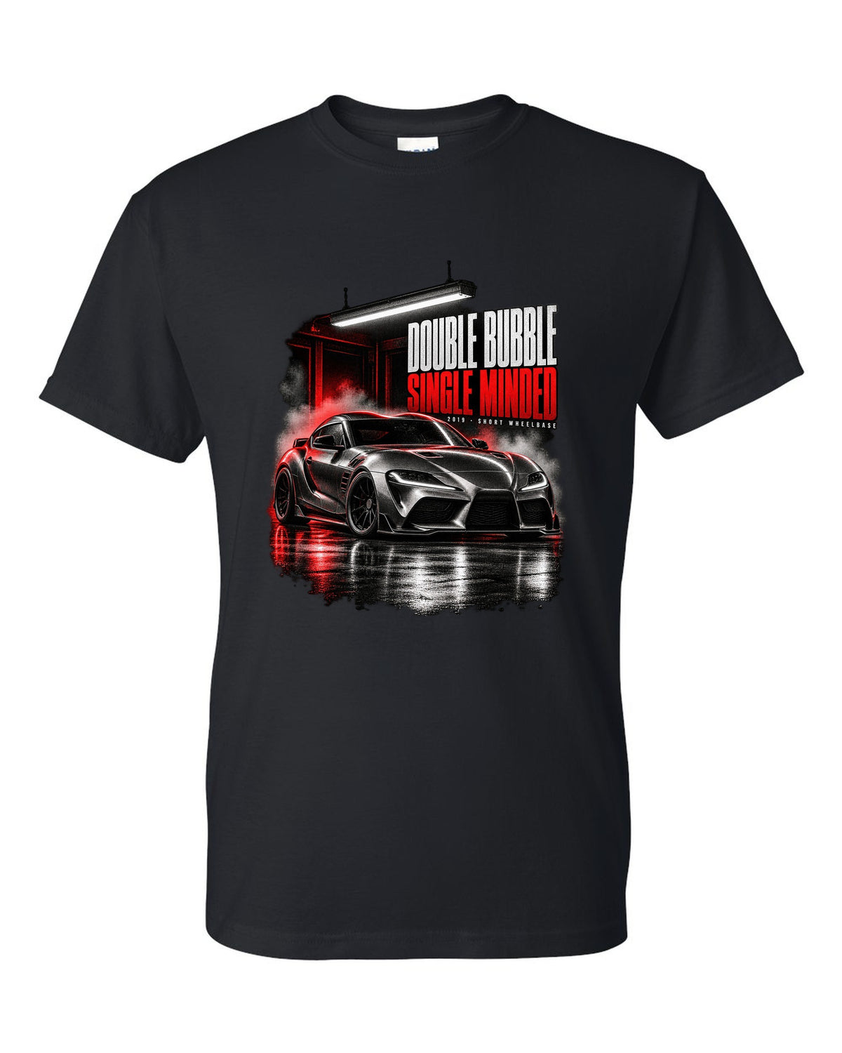 Garage night print of a Toyota GR Supra A90 with the text Double Bubble Single Minded black t-shirt front view with the design