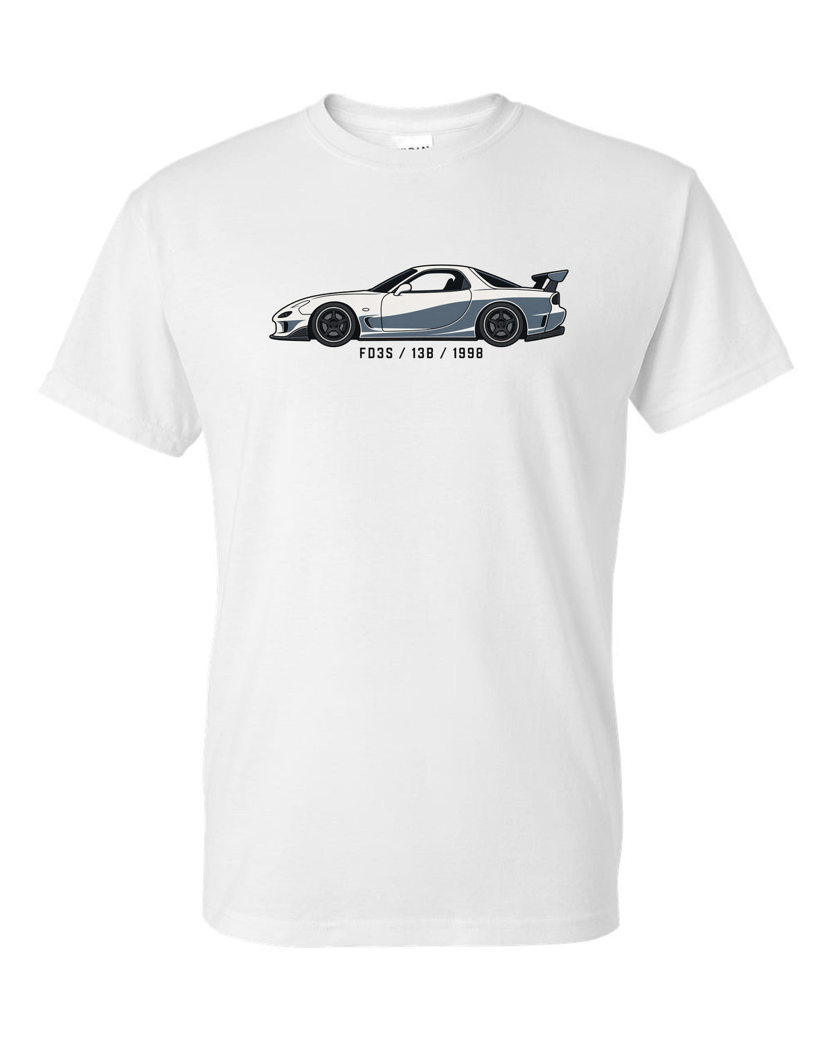 Embroidery-style varsity crest for the Mazda FD3S RX-7 reading TWIN TURBO SEQUENTIAL 1991 white t-shirt front view with the design