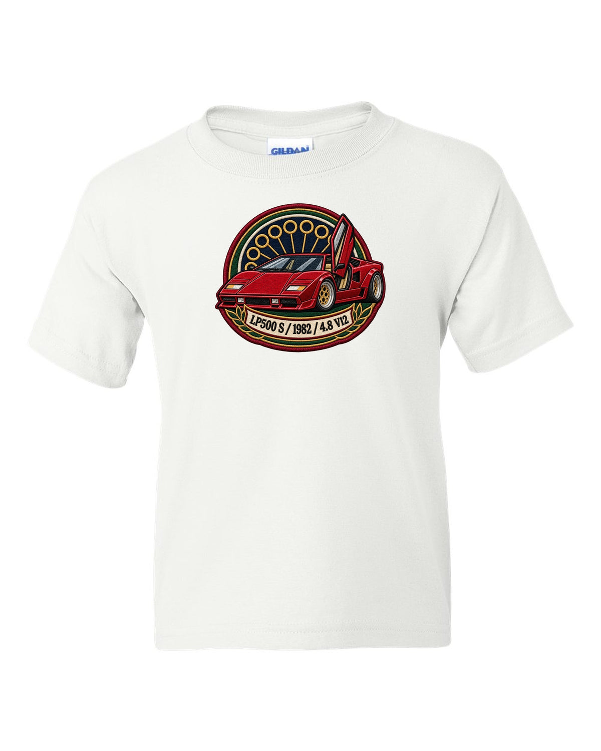 Varsity embroidery crest for a 1982 Lamborghini Countach LP500 S with 4.8 V12 lettering white kids tee front view with the design