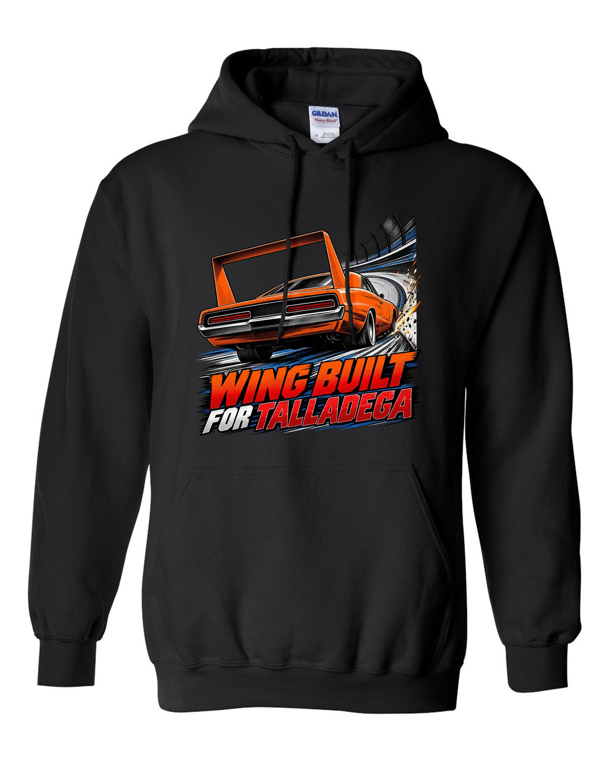 Retro manga halftone panel of a 1969 Dodge Charger Daytona with wing speed lines and Talladega text black pull over hoodie front view with the design