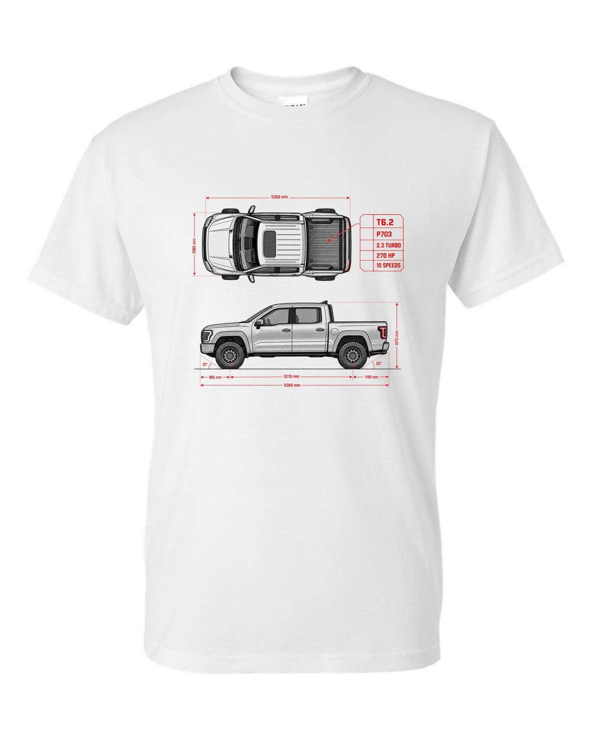 Ford Ranger T6.2 P703 spec poster print with 2.3 turbo, 270 HP and 10 speeds white t-shirt front view with the design