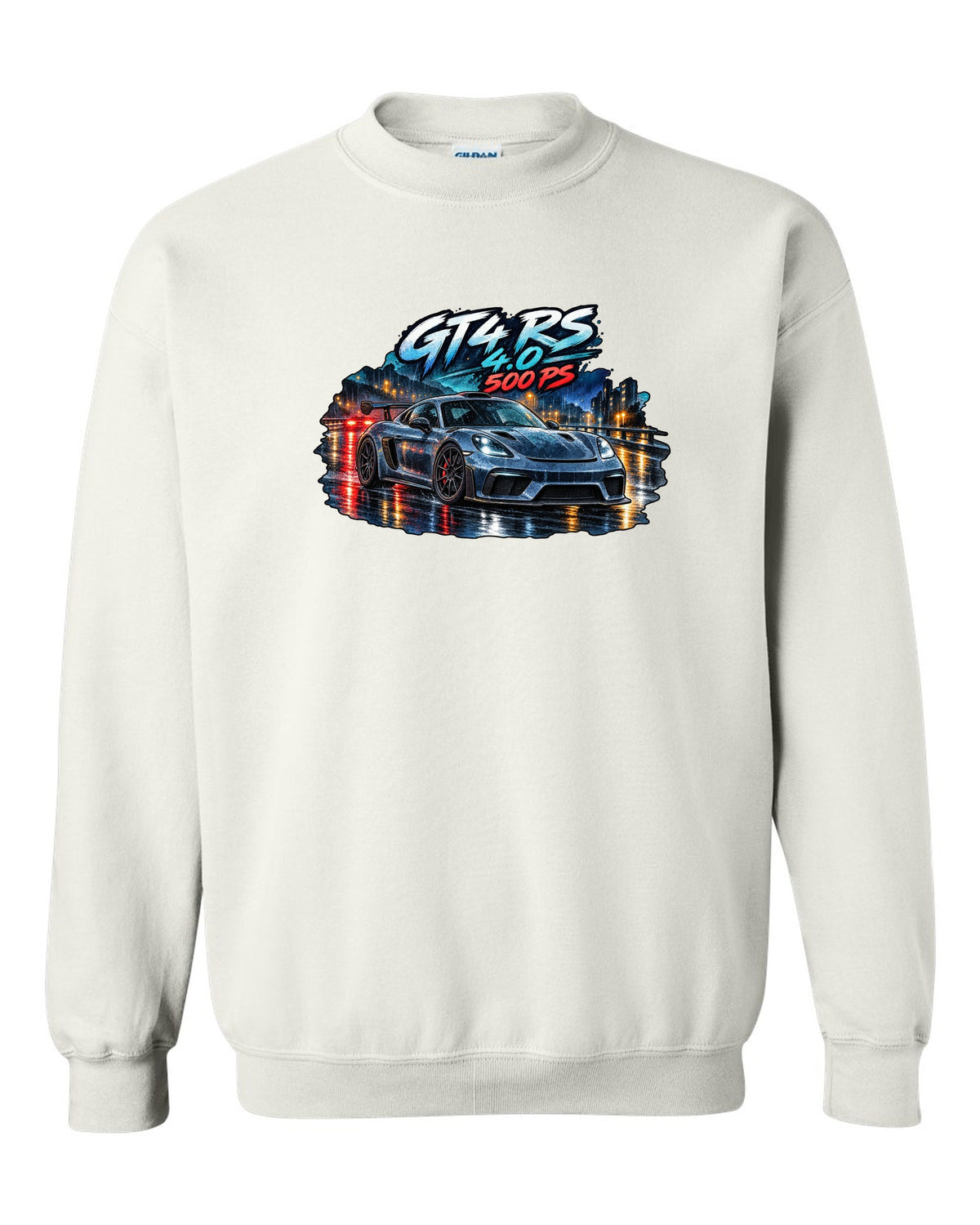 Porsche 982 Cayman GT4 RS wet road night watercolour design with 4.0 500 PS text white crewneck front view with the design