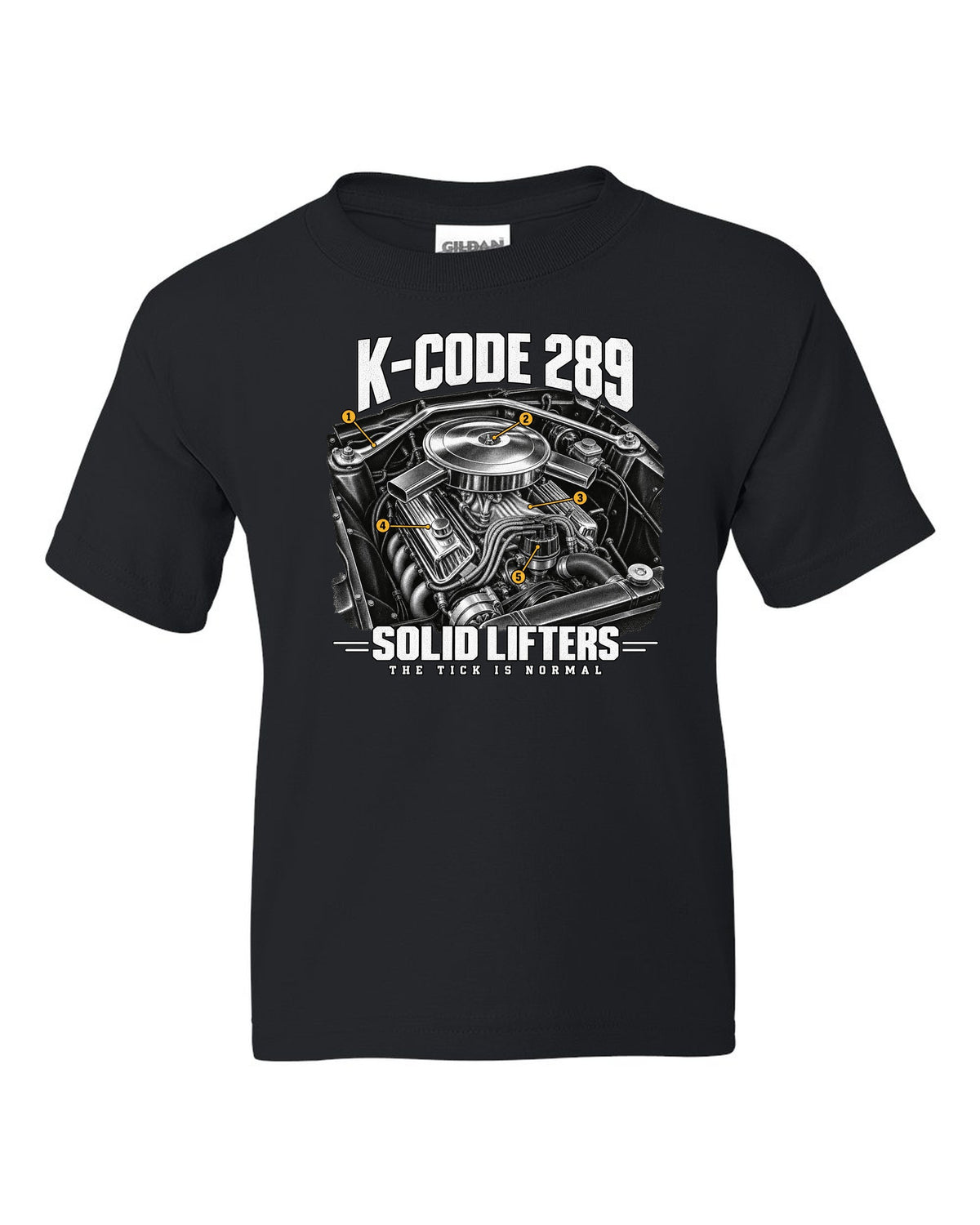 Engine illustration of a 1965 Ford Mustang K-code 289 V8 with solid lifter callouts black kids tee front view with the design