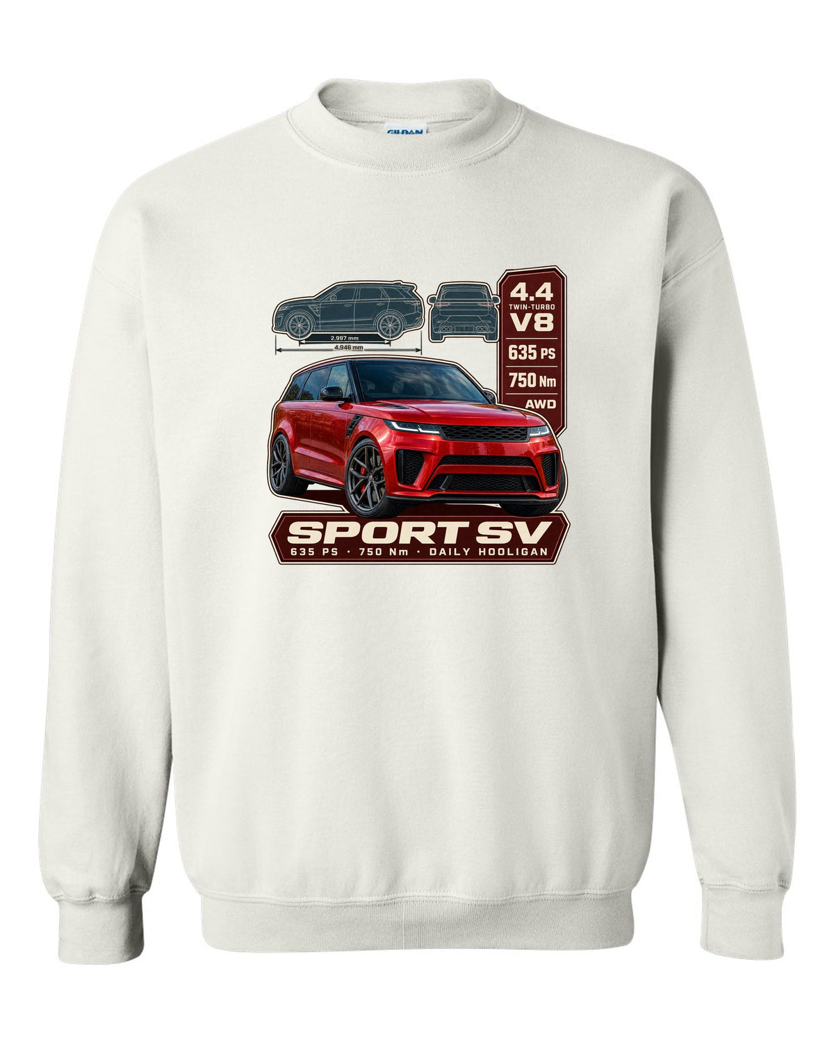 Spec poster print of the Range Rover Sport SV L461 with power and torque white crewneck front view with the design