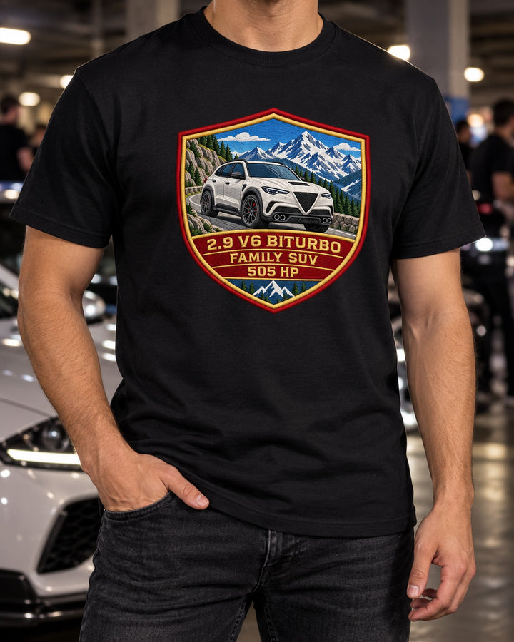 Alfa Romeo Stelvio Quadrifoglio 949 Shield Crest, Family SUV Shirt T-Shirt Black worn hero