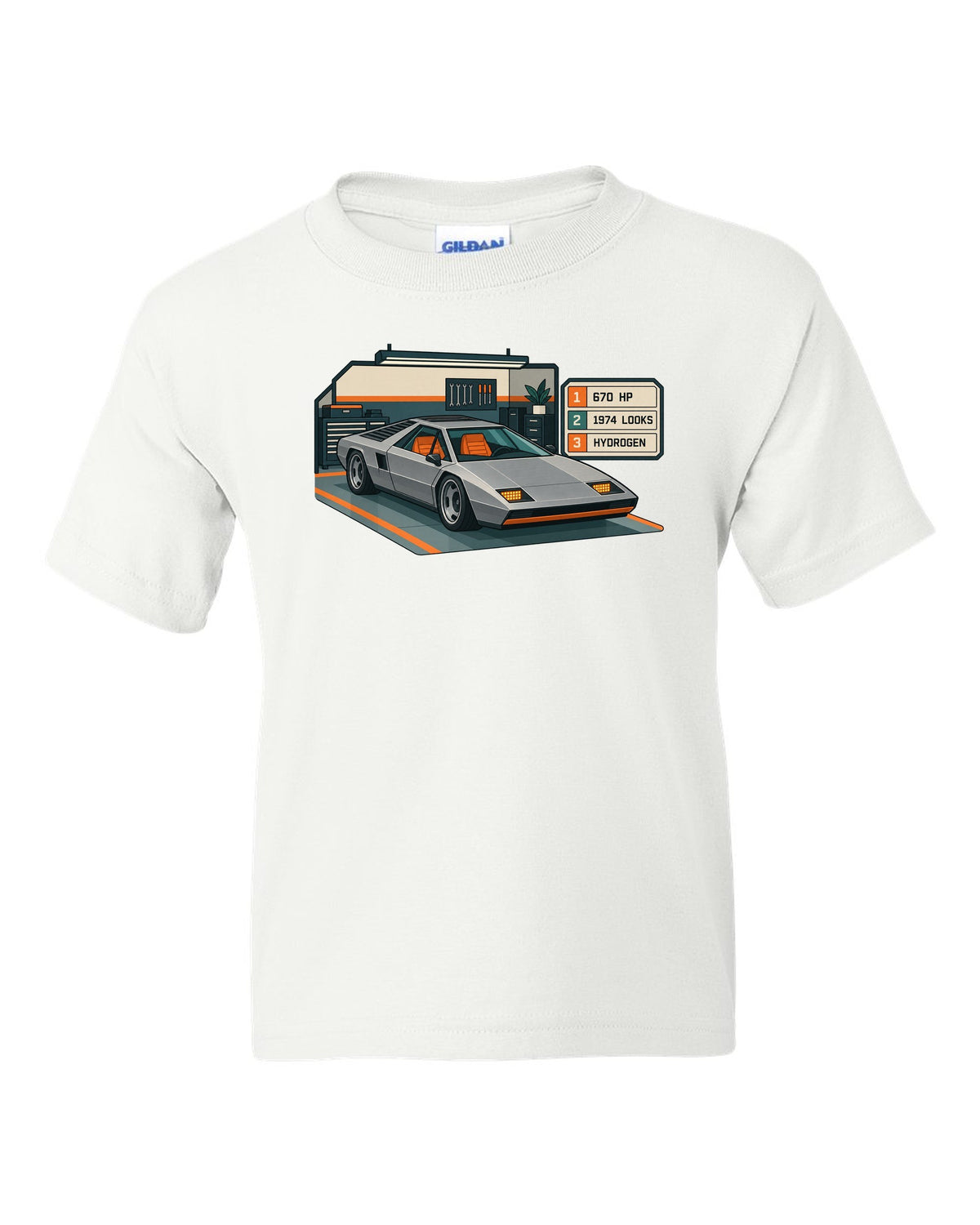 Hyundai N Vision 74 concept spec-sheet data plate print with 670 HP and hydrogen text white kids tee front view with the design