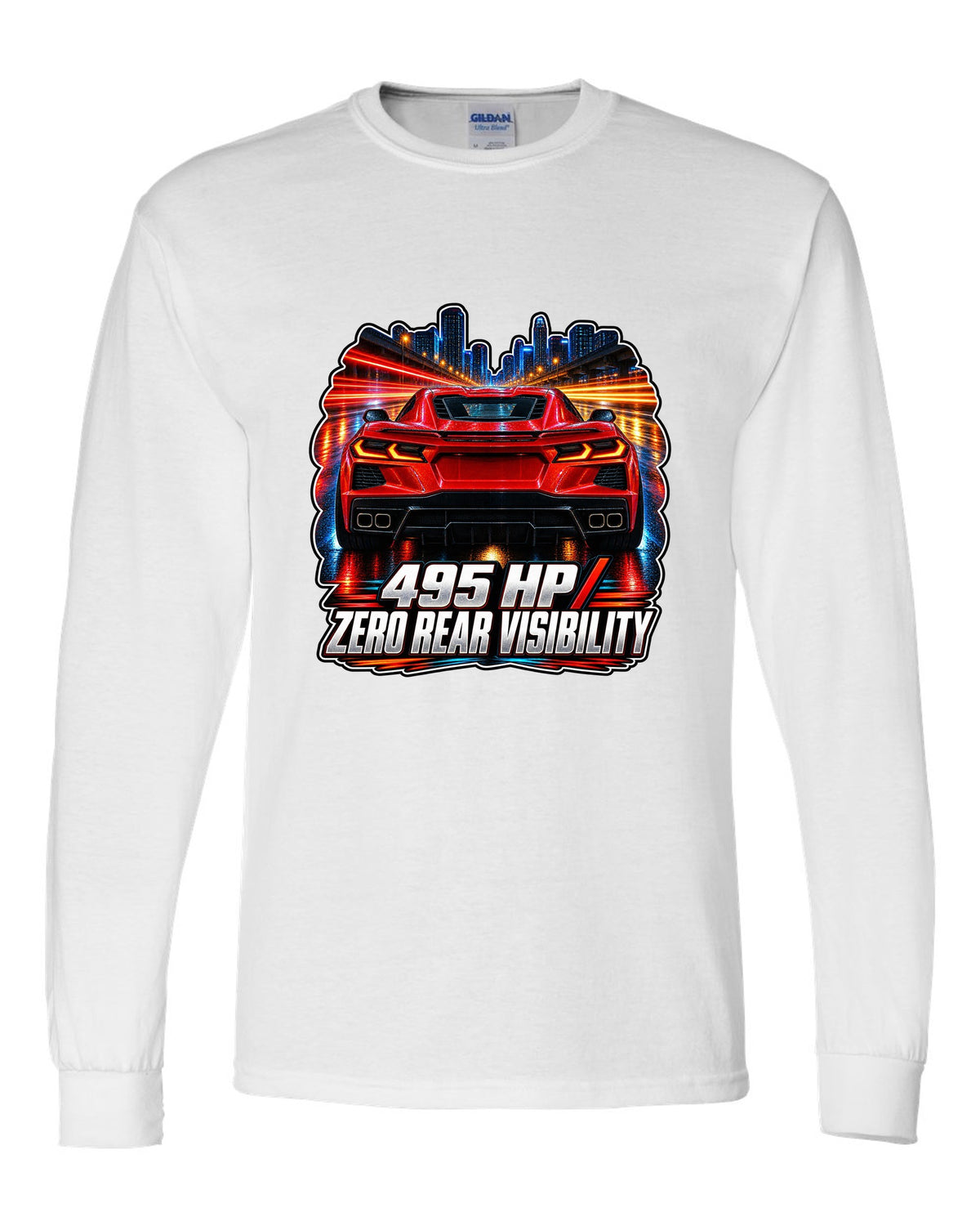Long-exposure night poster print of a 2020 Chevrolet Corvette C8 Stingray with 495 HP zero rear visibility lettering white long sleeve front view with the design