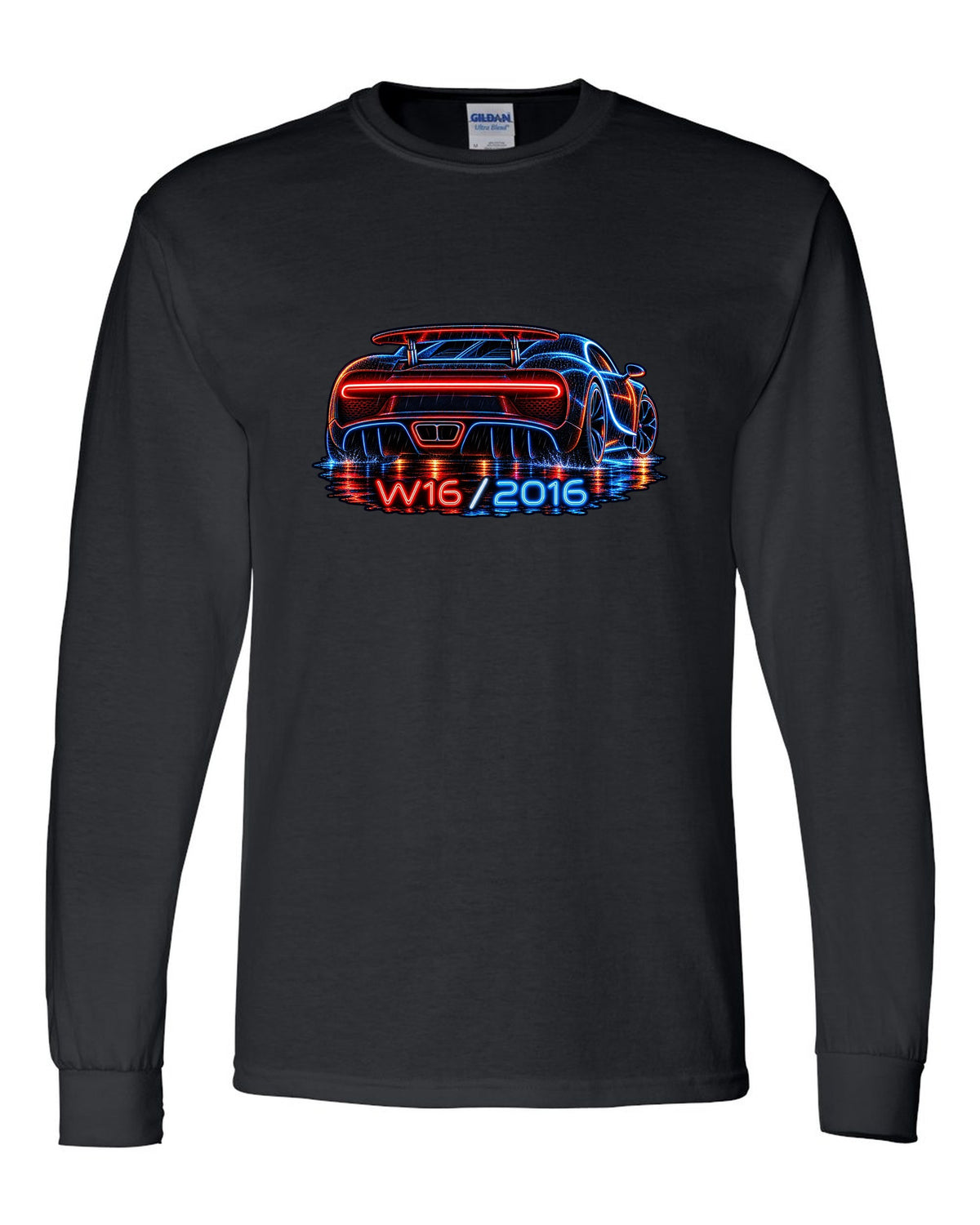 Neon sign style illustration of the Bugatti Chiron rear light bar in rain with W16 2016 lettering black long sleeve front view with the design