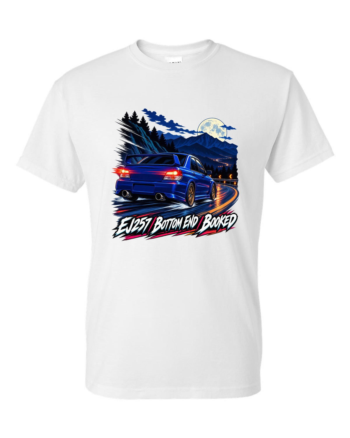 Racing-stripe livery print of a Subaru Impreza WRX GDB Blobeye white t-shirt front view with the design