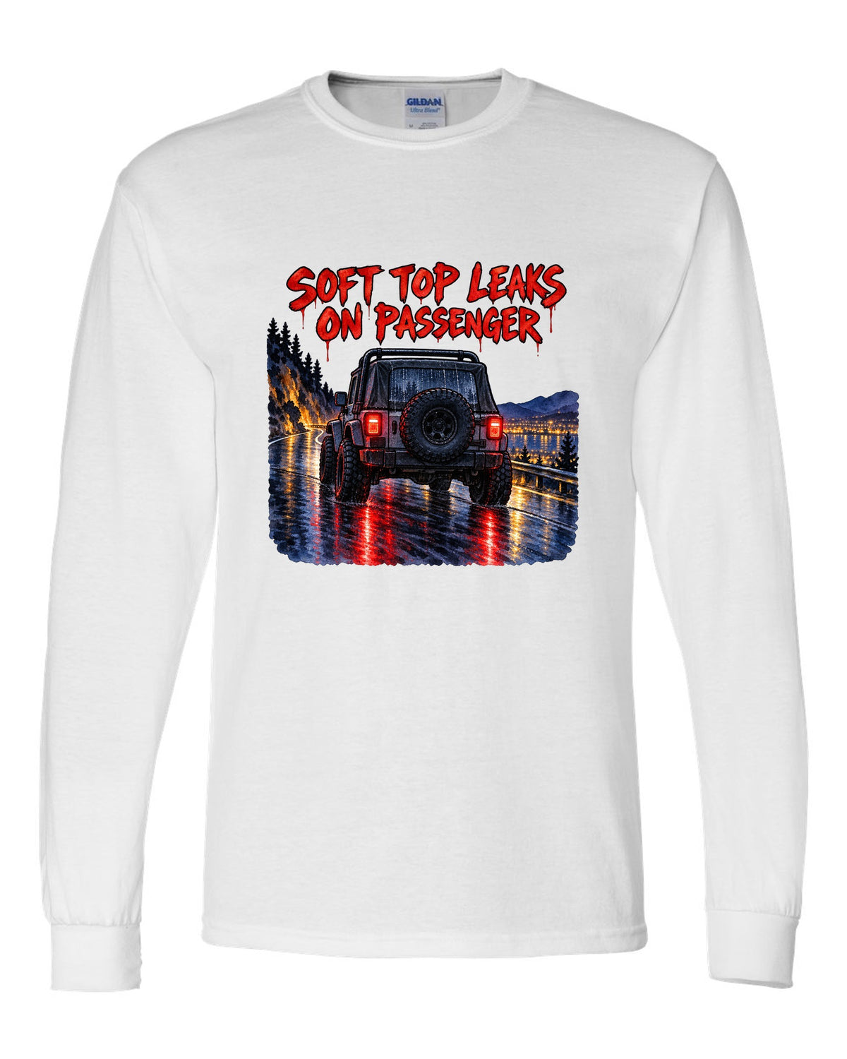 Watercolour wet-road night print of a Jeep Wrangler YJ taillights with soft top text white long sleeve front view with the design