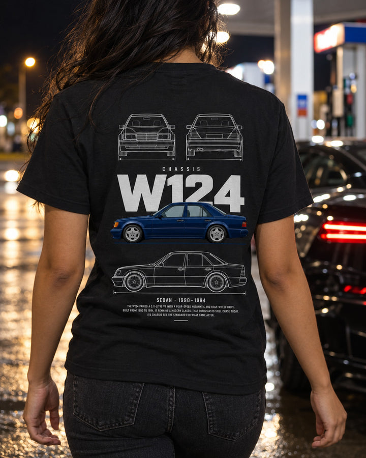 Mercedes W124 500E sedan Blueprint Full-Back Graphic Tee, W124 Chassis Code T-Shirt Black worn hero