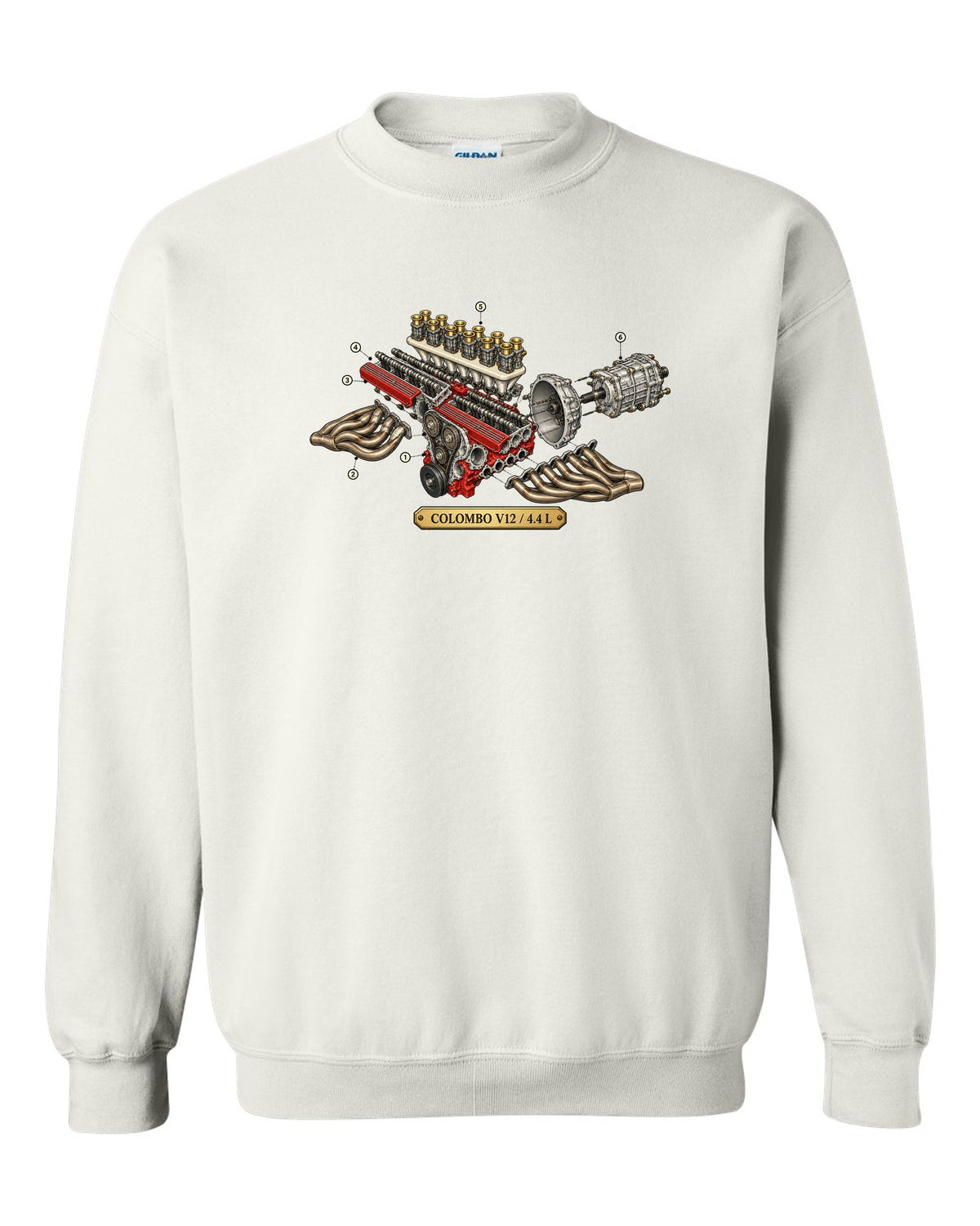 Exploded view of the Ferrari 365 GTB/4 Daytona Colombo V12 engine white crewneck front view with the design