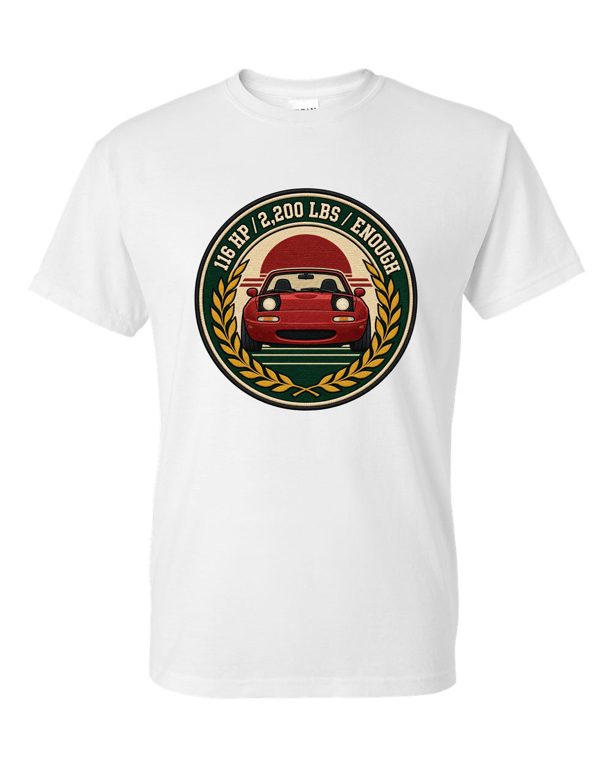 Embroidery-style varsity crest of a Mazda MX-5 NA6C with 116 HP spec text white t-shirt front view with the design