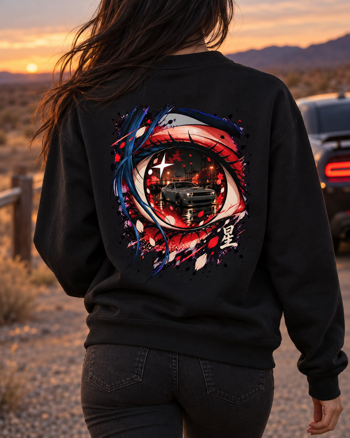 Dodge Challenger Hellcat Anime Girl Shirt, Hoodie & More Crewneck Black worn hero