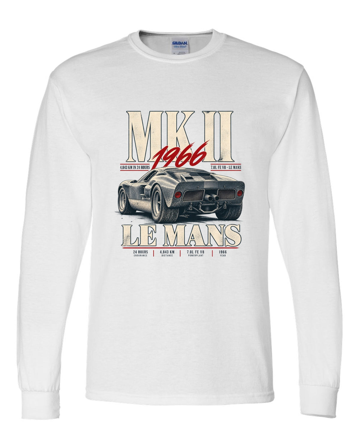 Editorial print of a 1966 Ford GT40 Mk II rear three-quarter view with Le Mans distance white long sleeve front view with the design