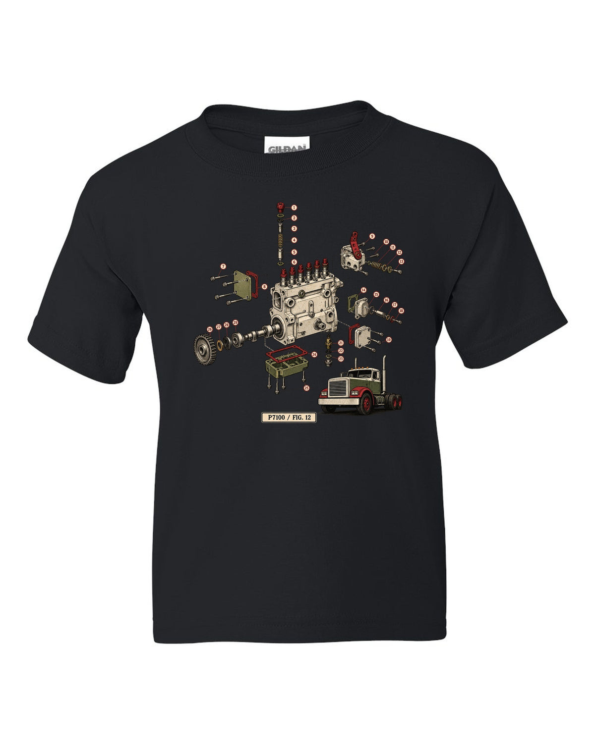 Vintage service-manual exploded diagram print of a Bosch P7100 injection pump from a 1994-1998 Ram 12V black kids tee front view with the design
