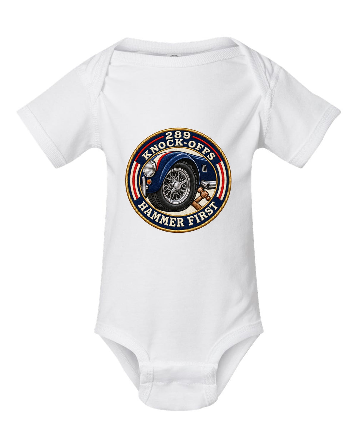 Embroidered-patch style crest print for a Shelby Cobra 289 with Knock-Offs lettering white baby onesie front view with the design