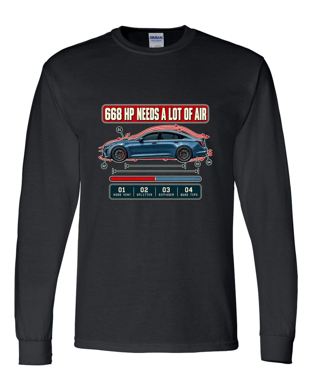 Aero cutaway print of a Cadillac CT5-V Blackwing with numbered callouts black long sleeve front view with the design