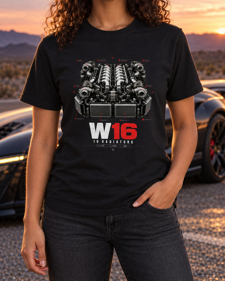 Bugatti Veyron 16.4 2005 W16 Ten Radiators Engine Tee T-Shirt Black worn hero