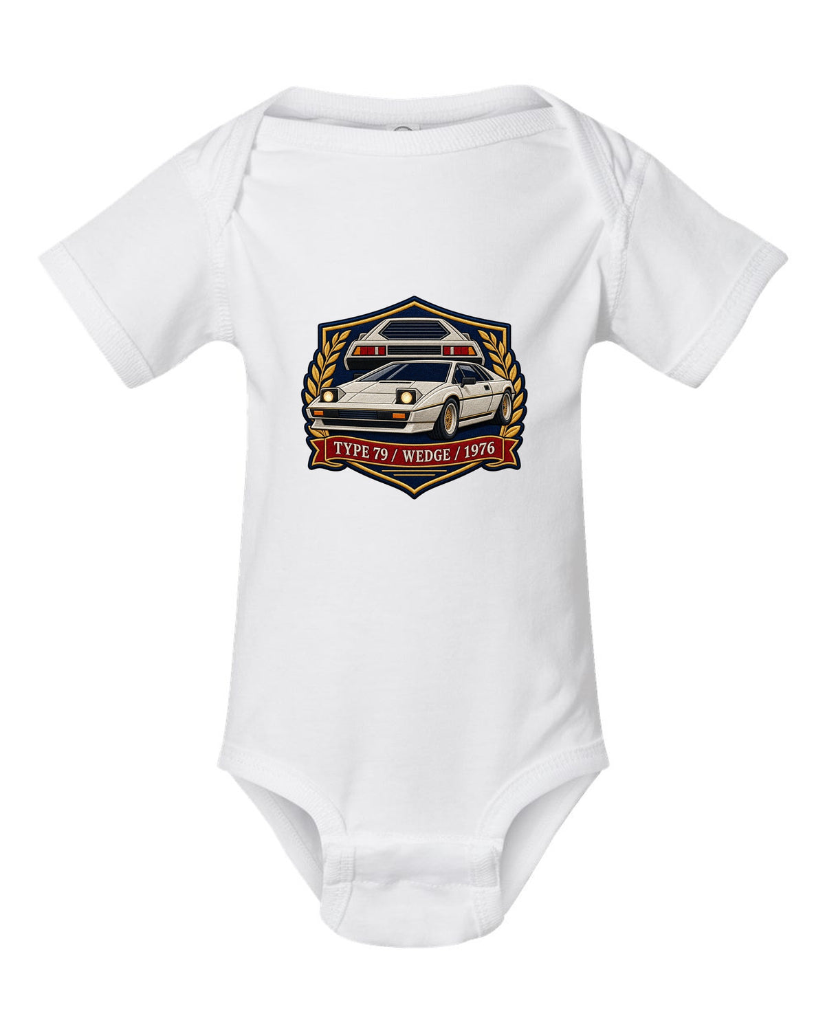 Lotus Esprit Type 79 varsity crest with TYPE 79 WEDGE 1976 lettering white baby onesie front view with the design