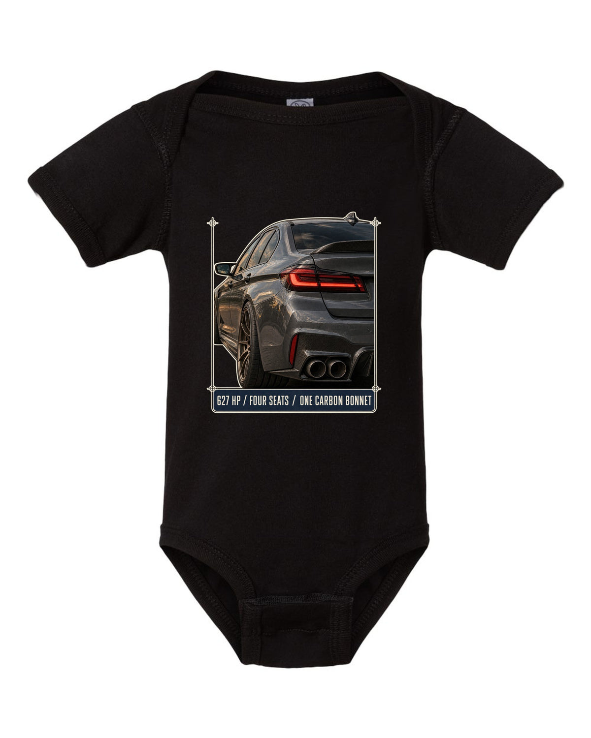 BMW M5 F90 CS taillight macro print with 627 HP, four seats and carbon bonnet text black baby onesie front view with the design