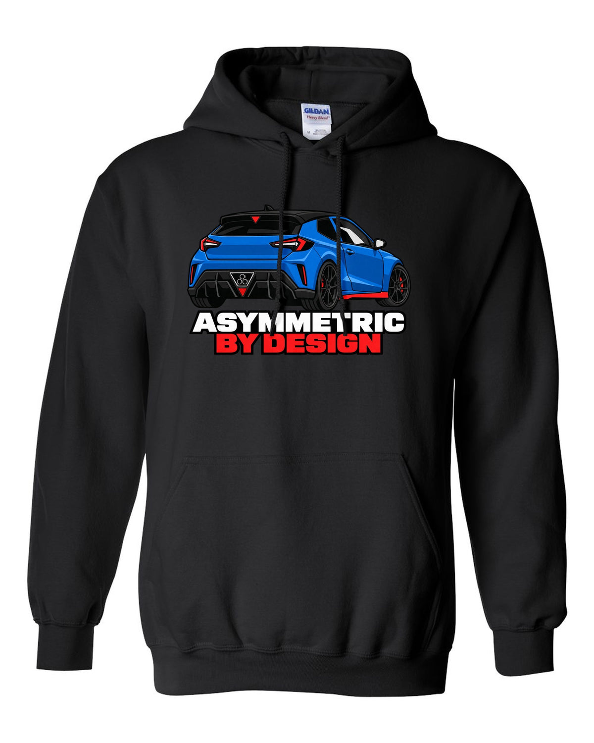 Hyundai Veloster N JS flat vector rear three-quarter print with asymmetric by design text black pull over hoodie front view with the design
