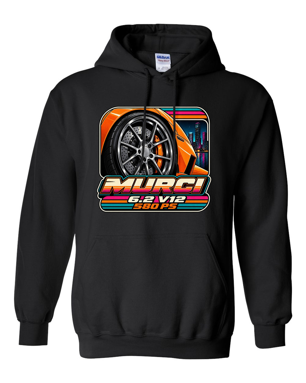 Cassette tape packaging style print of a 2001 Lamborghini Murcielago wheel with 6.2 V12 and 580 PS black pull over hoodie front view with the design