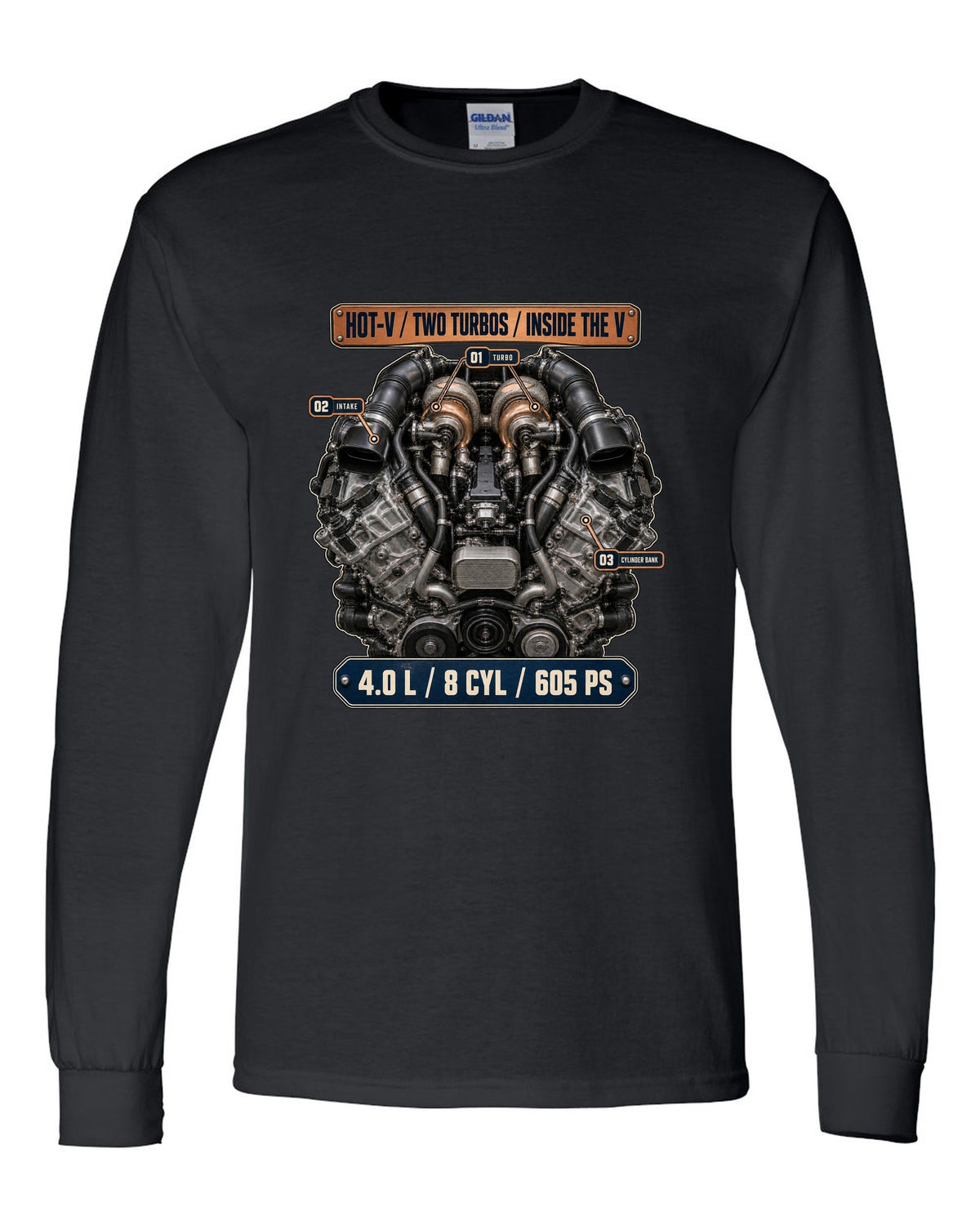 Audi RS7 4.0 TFSI engine bay hero print black long sleeve front view with the design