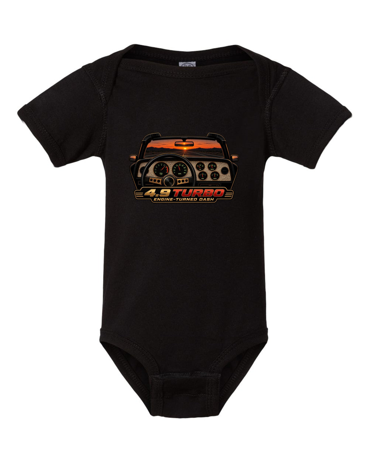 1981 Pontiac Firebird Trans Am gauge cluster HUD graphic with 4.9 Turbo text black baby onesie front view with the design