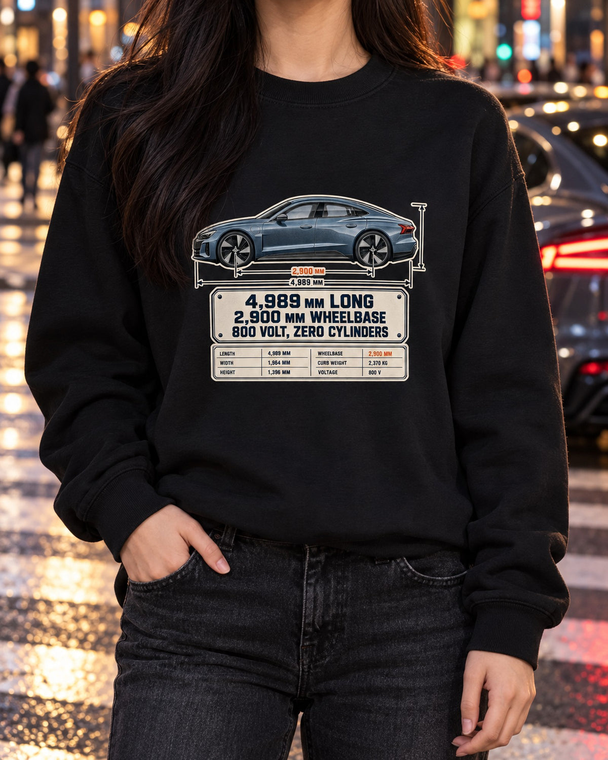 Audi RS e-tron GT J1 Dimension Blueprint Shirt, EV Car Guy Tee Crewneck Black worn hero