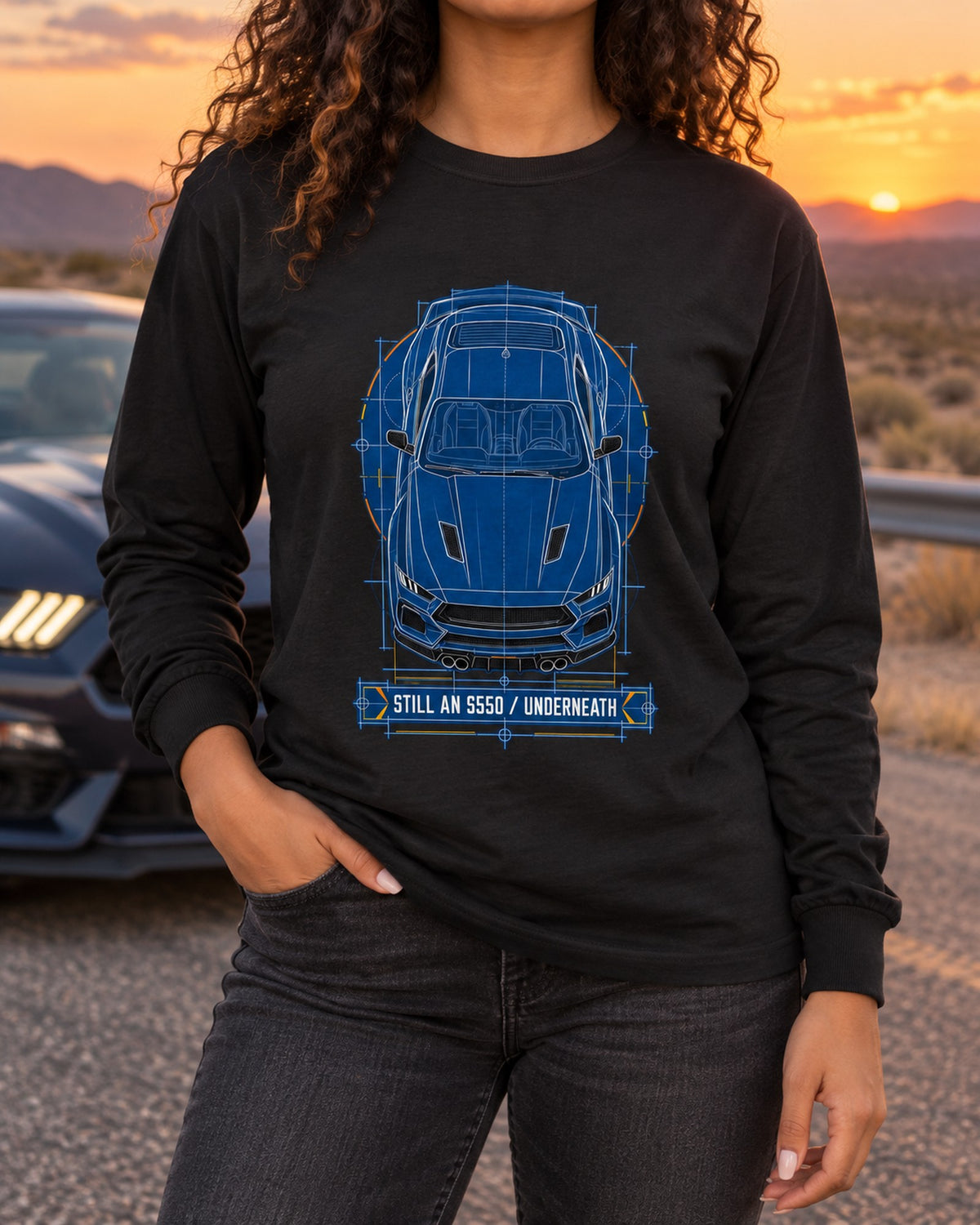 S650 Mustang Cyanotype Blueprint Shirt, Still An S550 Underneath Long Sleeve Black worn hero
