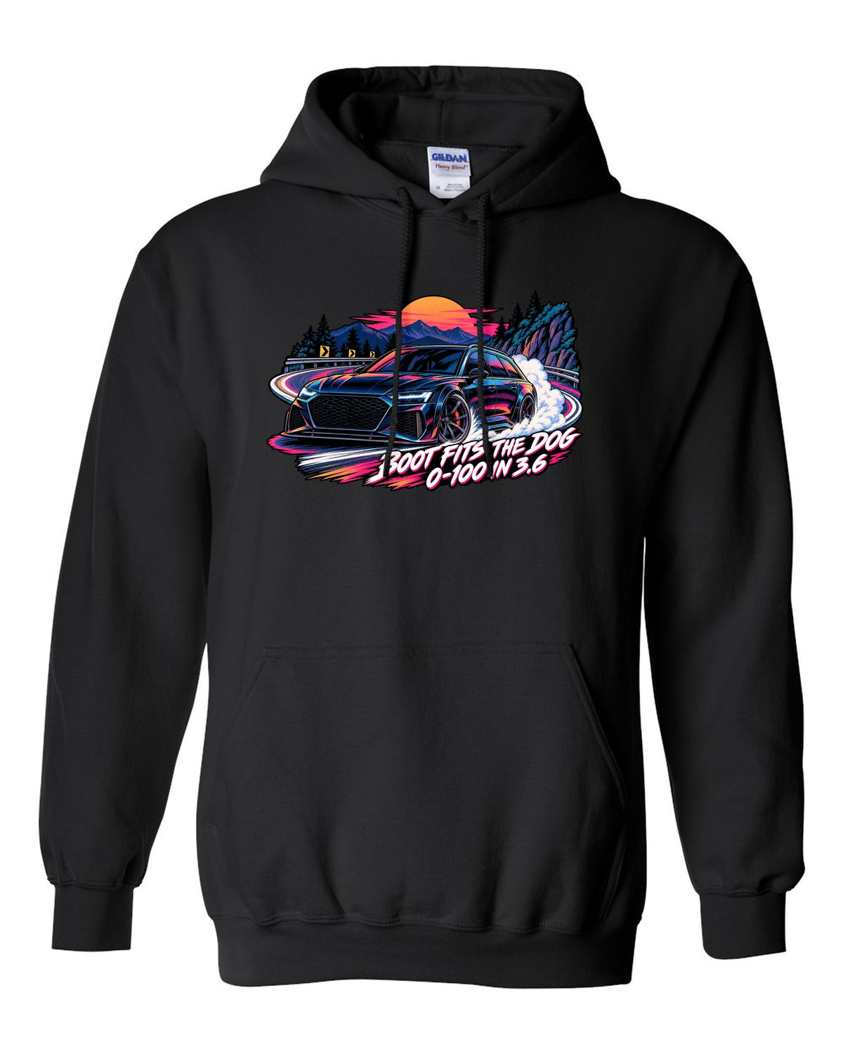 Cel-shaded anime night touge design of the Audi RS6 Avant C8 with boot fits the dog lettering black pull over hoodie front view with the design