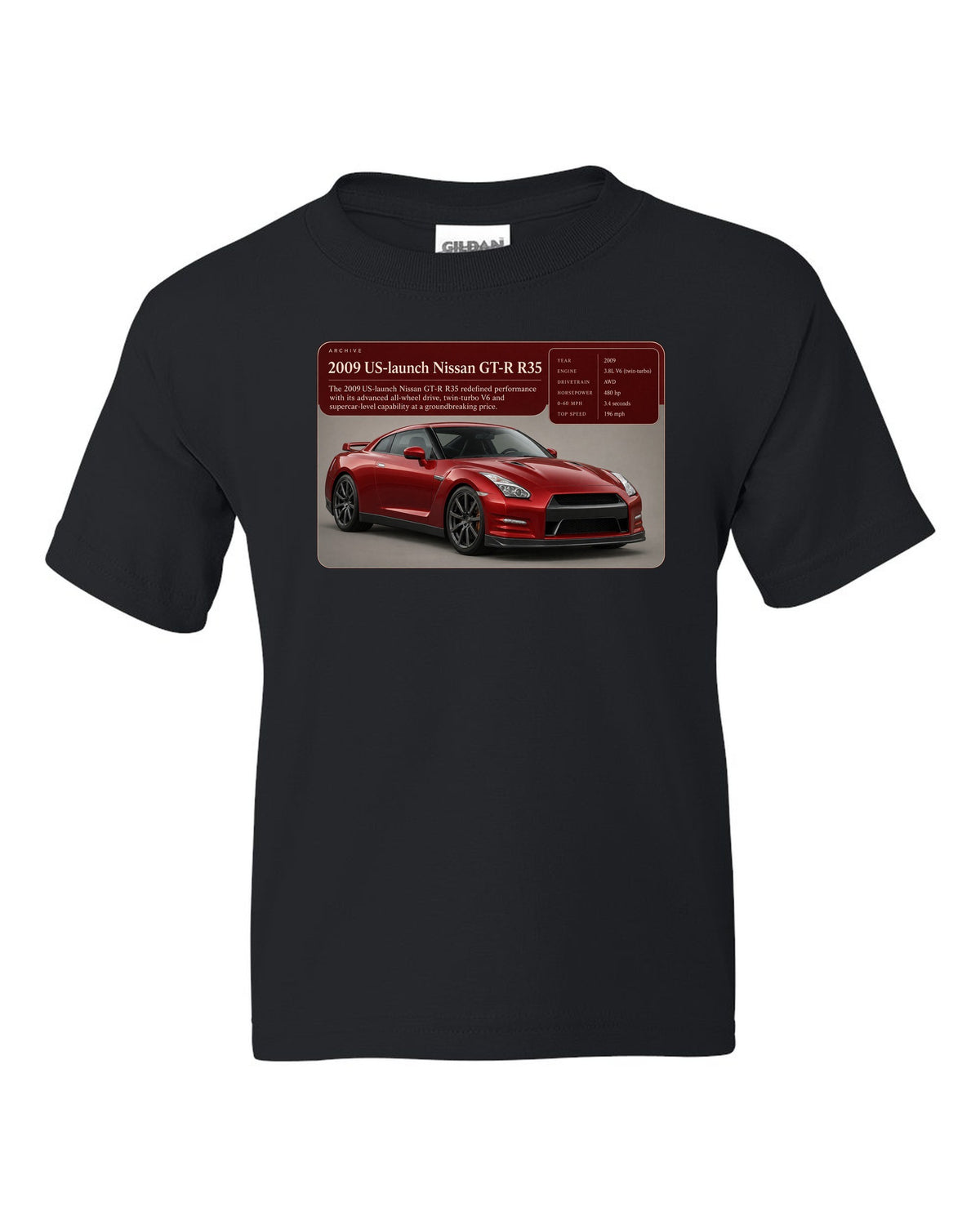 Archive panel print of a deep red 2009 US launch Nissan GT-R R35 black kids tee front view with the design