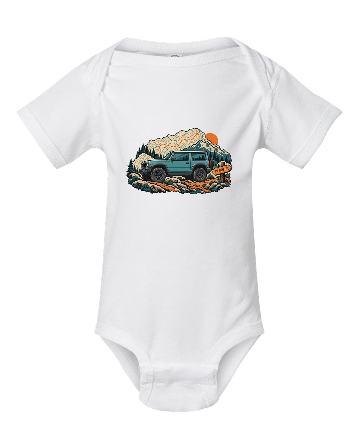 Topographic trail map print of a 2006-10 Hummer H3 with 3.5L inline five lettering white baby onesie front view with the design